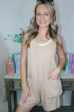 Casual Sleeveless Washed Knit Romper "Taupe"<Allie Lynn's Boutique Hot