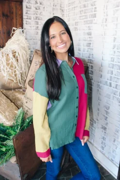 Colorblock Button Down "Forest/Magenta"<Allie Lynn's Boutique Best Sale