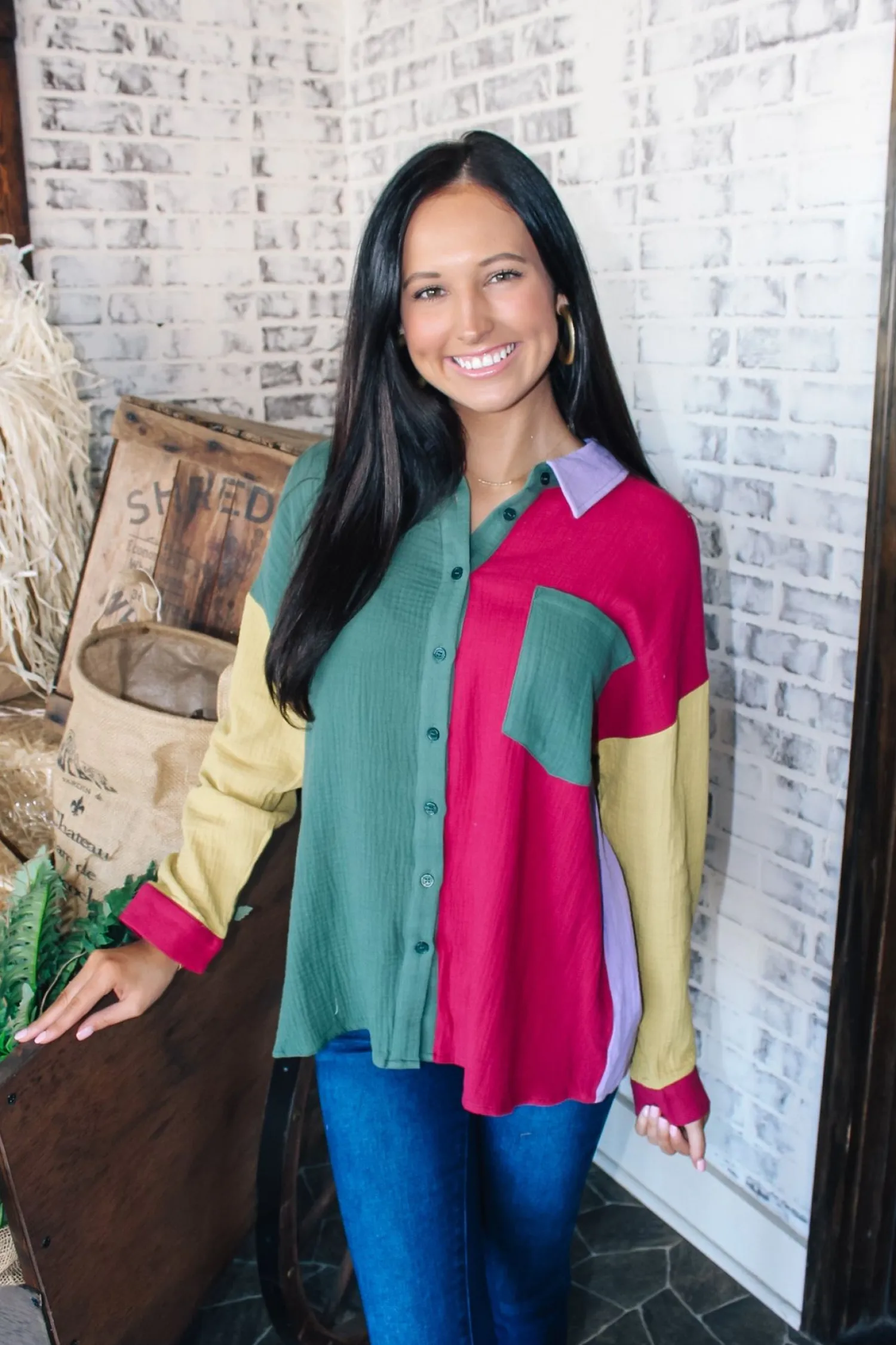 Colorblock Button Down "Forest/Magenta"<Allie Lynn's Boutique Best Sale