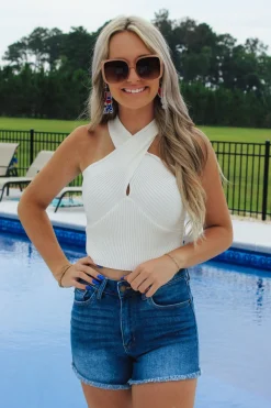 Cross Neck Cropped Knit Top "White"<Allie Lynn's Boutique New