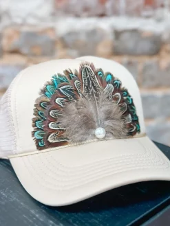 Feather Trucker Hat "Khaki"<Allie Lynn's Boutique Outlet