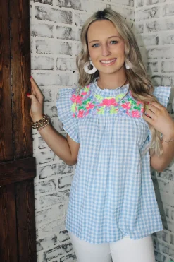 Gingham Powder Blue Top<Allie Lynn's Boutique Best Sale