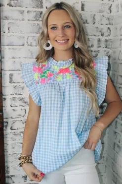 Gingham Powder Blue Top<Allie Lynn's Boutique Best Sale