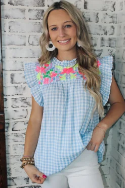 Gingham Powder Blue Top<Allie Lynn's Boutique Best Sale