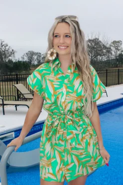 Green Palms Collared Romper<Allie Lynn's Boutique Fashion