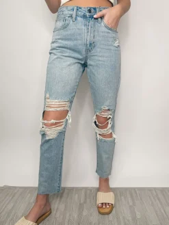 High Rise Distressed Straight Jeans 