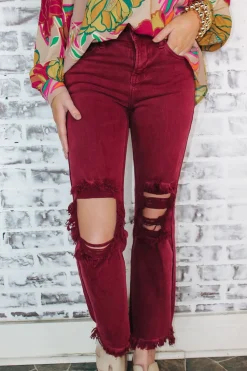 High Rise Knee Distressed Pants "Wine"<Allie Lynn's Boutique Best