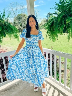 Ivory Blue Printed Midi Dress<Allie Lynn's Boutique Clearance