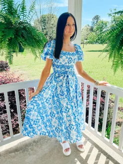 Ivory Blue Printed Midi Dress<Allie Lynn's Boutique Flash Sale