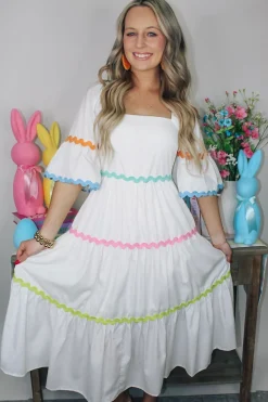 Multi Ric Rac Dress "Off White"<Allie Lynn's Boutique Store
