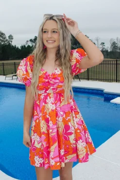 Pink/Orange Floral Printed Mini Dress<Allie Lynn's Boutique Hot