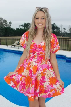 Pink/Orange Floral Printed Mini Dress<Allie Lynn's Boutique Hot