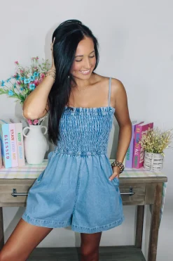 Smocked Denim Romper<Allie Lynn's Boutique Hot