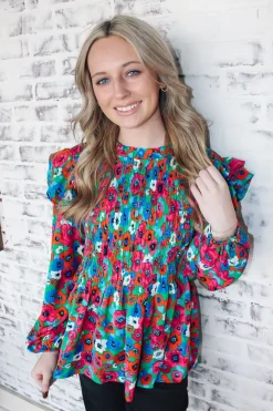 Smocked Kelly Green Floral Top<Allie Lynn's Boutique Cheap