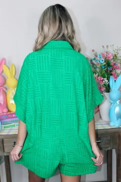 Textured Terry Collared Romper "Green"<Allie Lynn's Boutique Best Sale