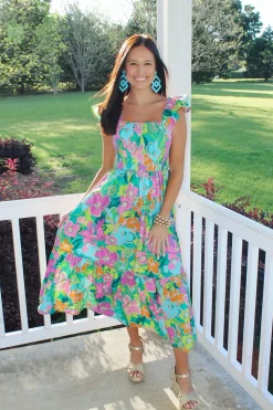 Turquoise Fun Floral Midi Dress<Allie Lynn's Boutique Fashion