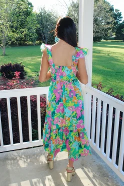 Turquoise Fun Floral Midi Dress<Allie Lynn's Boutique Fashion